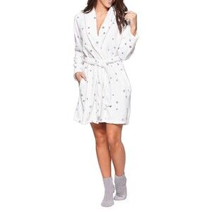 Midnight Maddie Plush Robe, Hair Tie & Socks Set White/Grey Star Print Size XXL